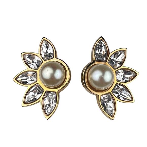 Vintage SAL Swarovski Clip On Earrings Half Sun Flower Faux Pearl - Picture 1 of 13